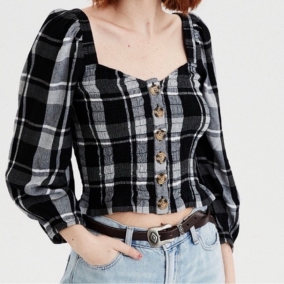American Eagle Cropped Plaid Top - Picture 1 of 9